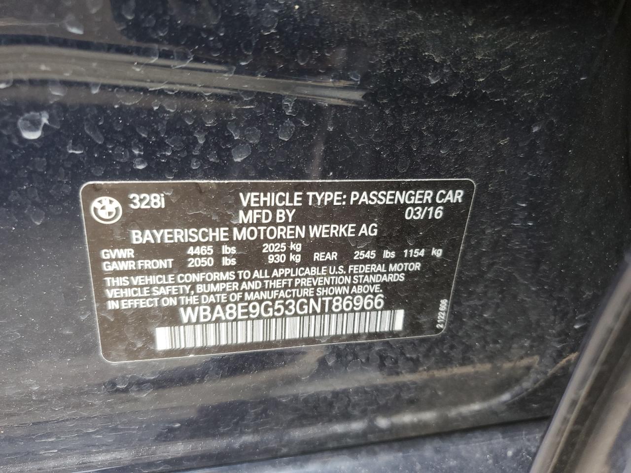 WBA8E9G53GNT86966 2016 BMW 328 I Sulev