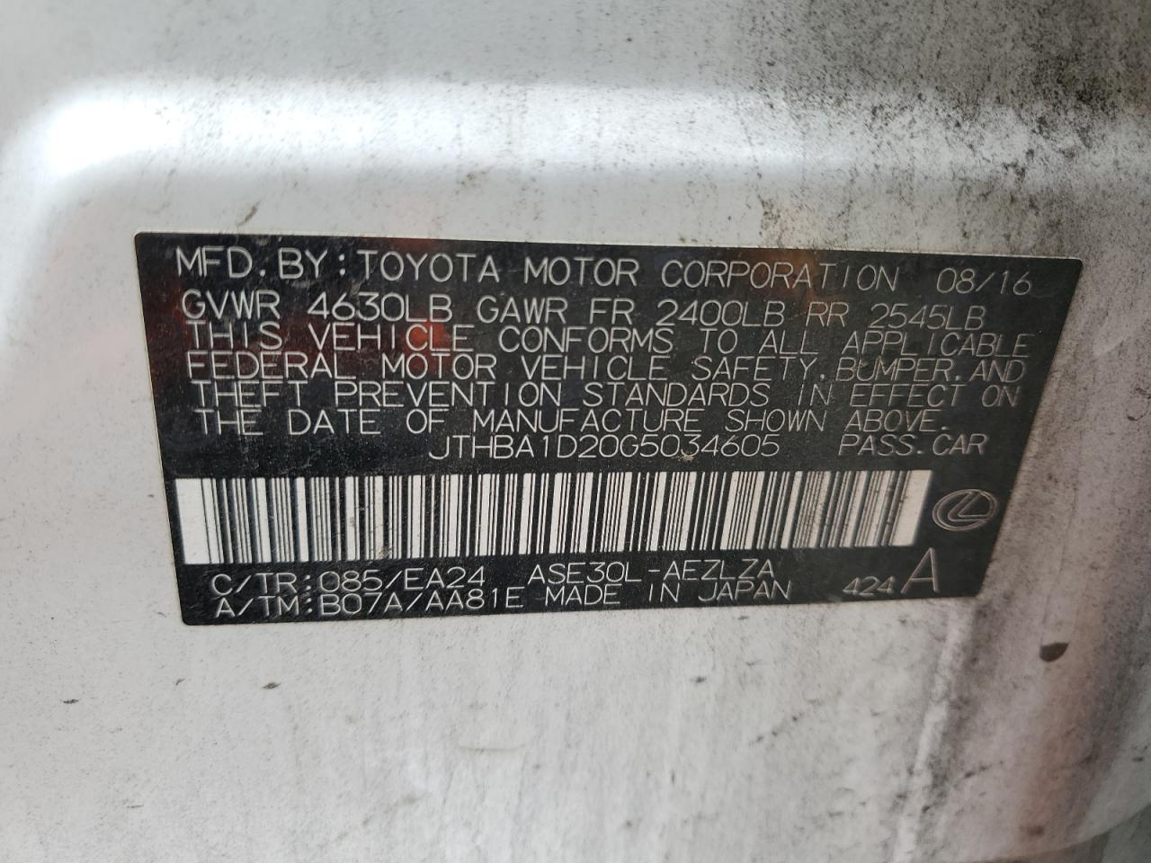 JTHBA1D20G5034605 2016 Lexus Is 200T