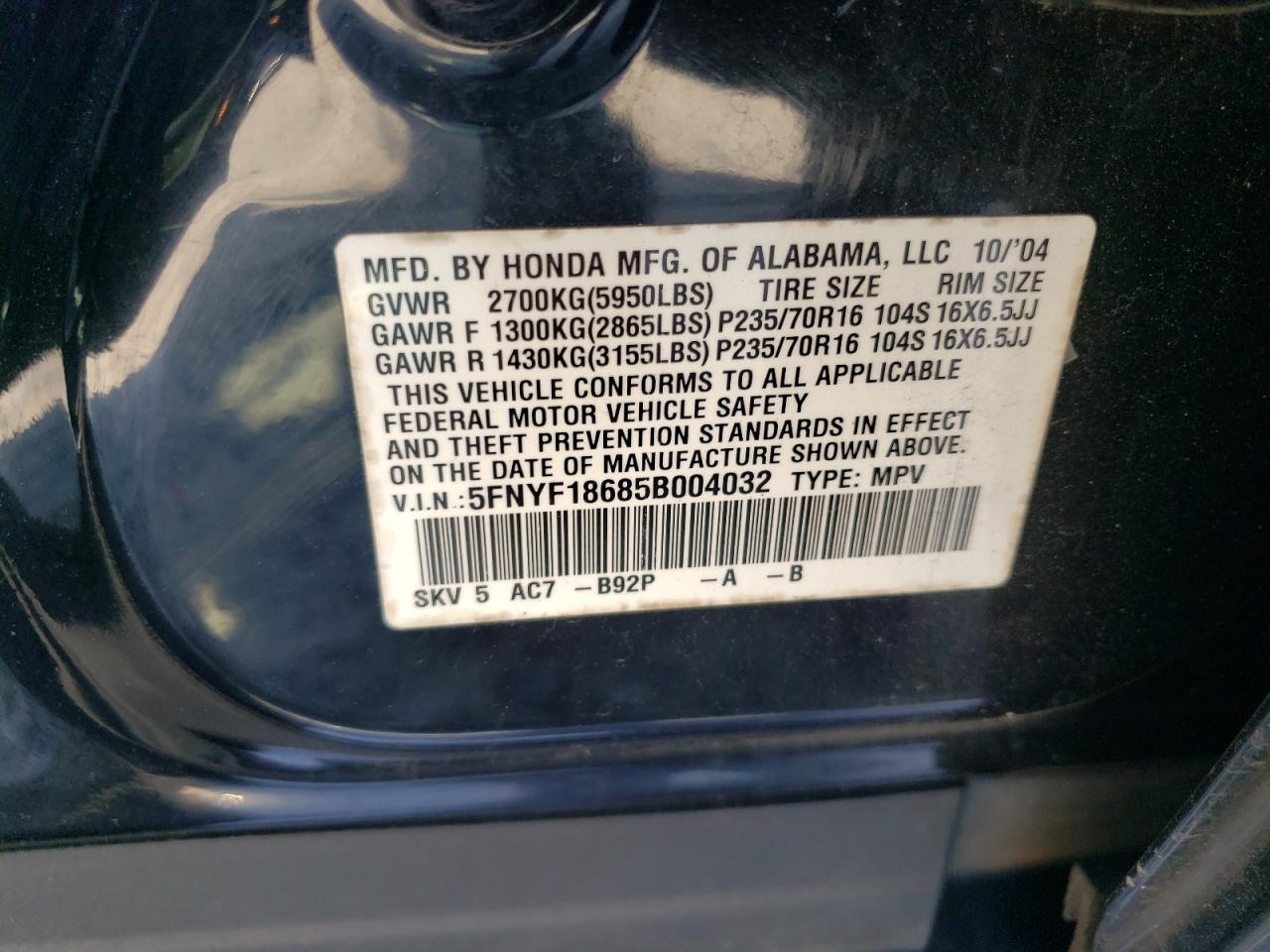 5FNYF18685B004032 2005 Honda Pilot Exl