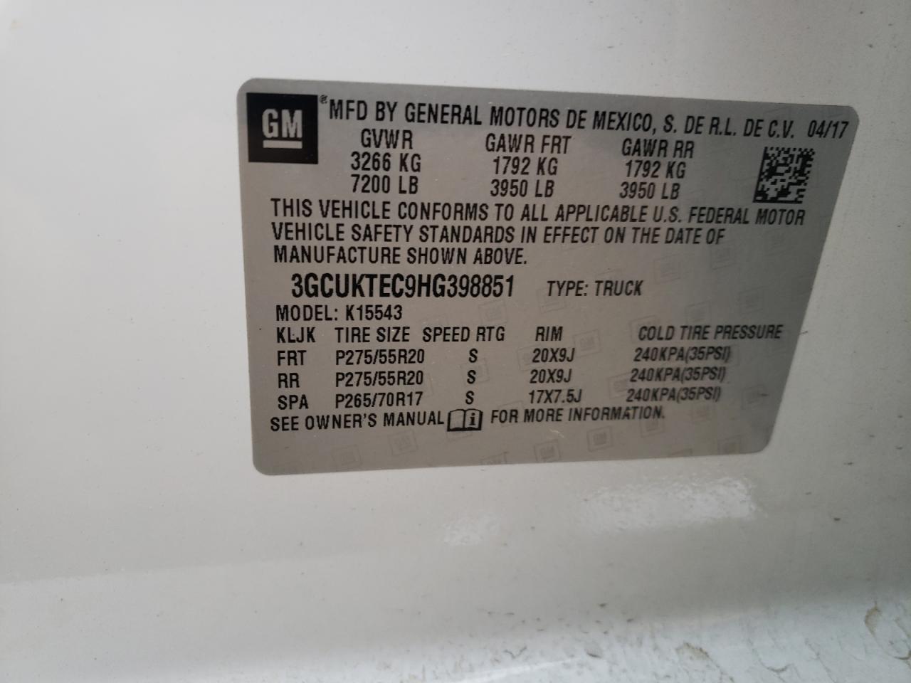 3GCUKTEC9HG398851 2017 Chevrolet Silverado K1500 High Country