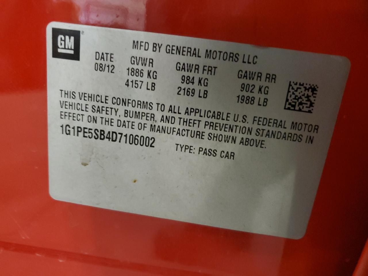 1G1PE5SB4D7106002 2013 Chevrolet Cruze Lt