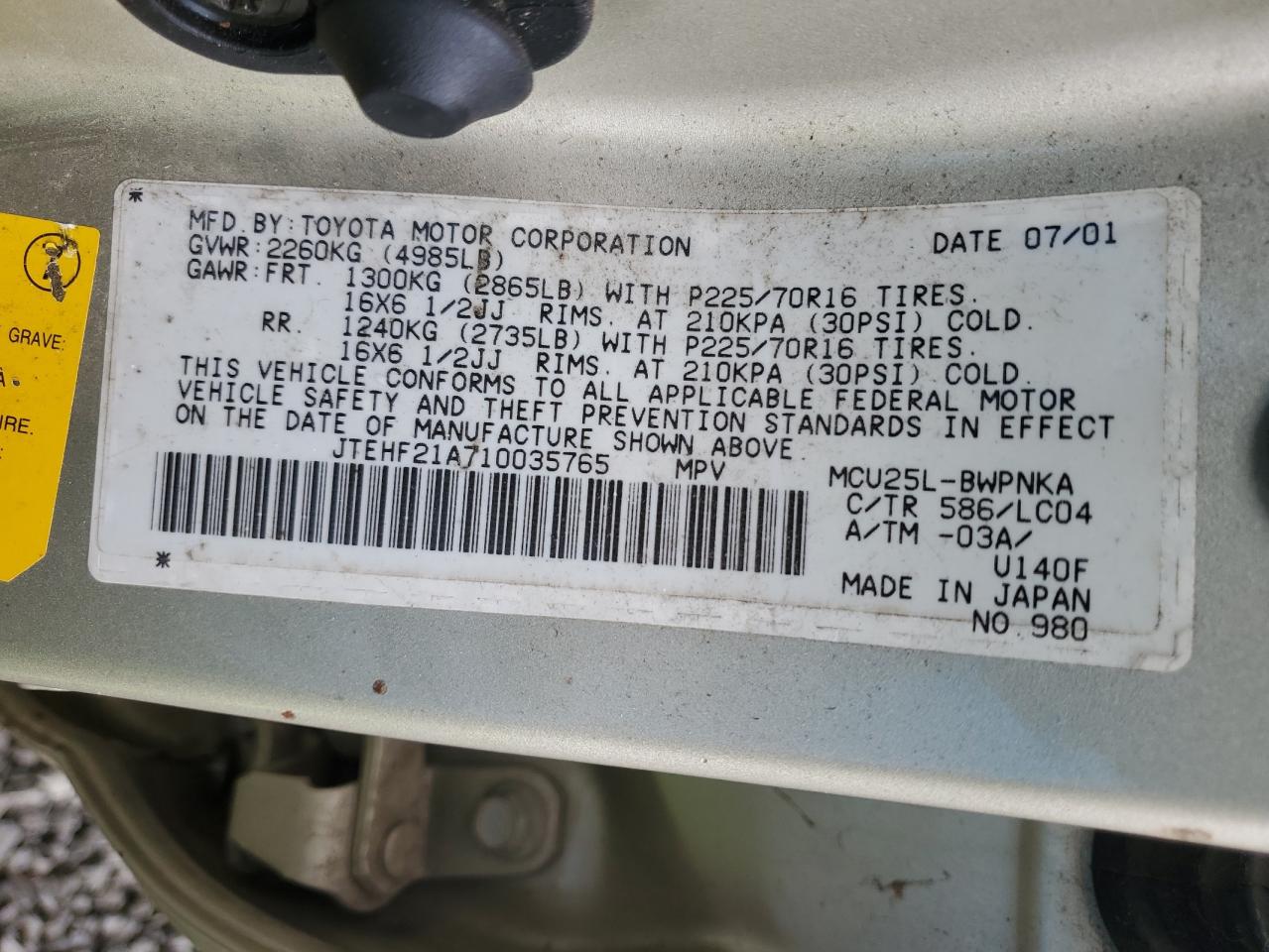 JTEHF21A710035765 2001 Toyota Highlander