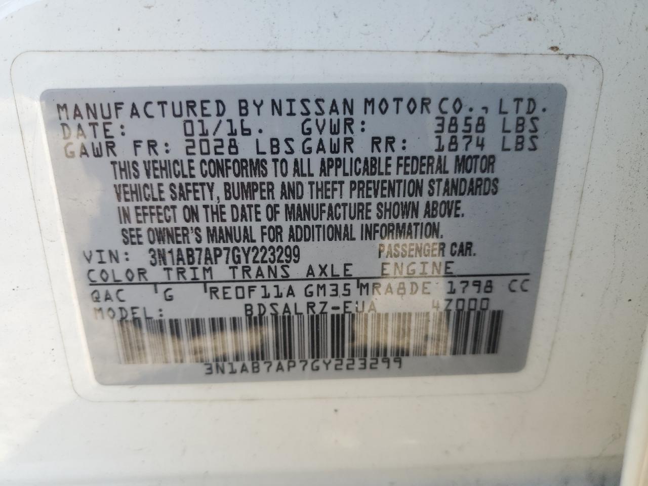 Lot #2955156780 2016 NISSAN SENTRA S