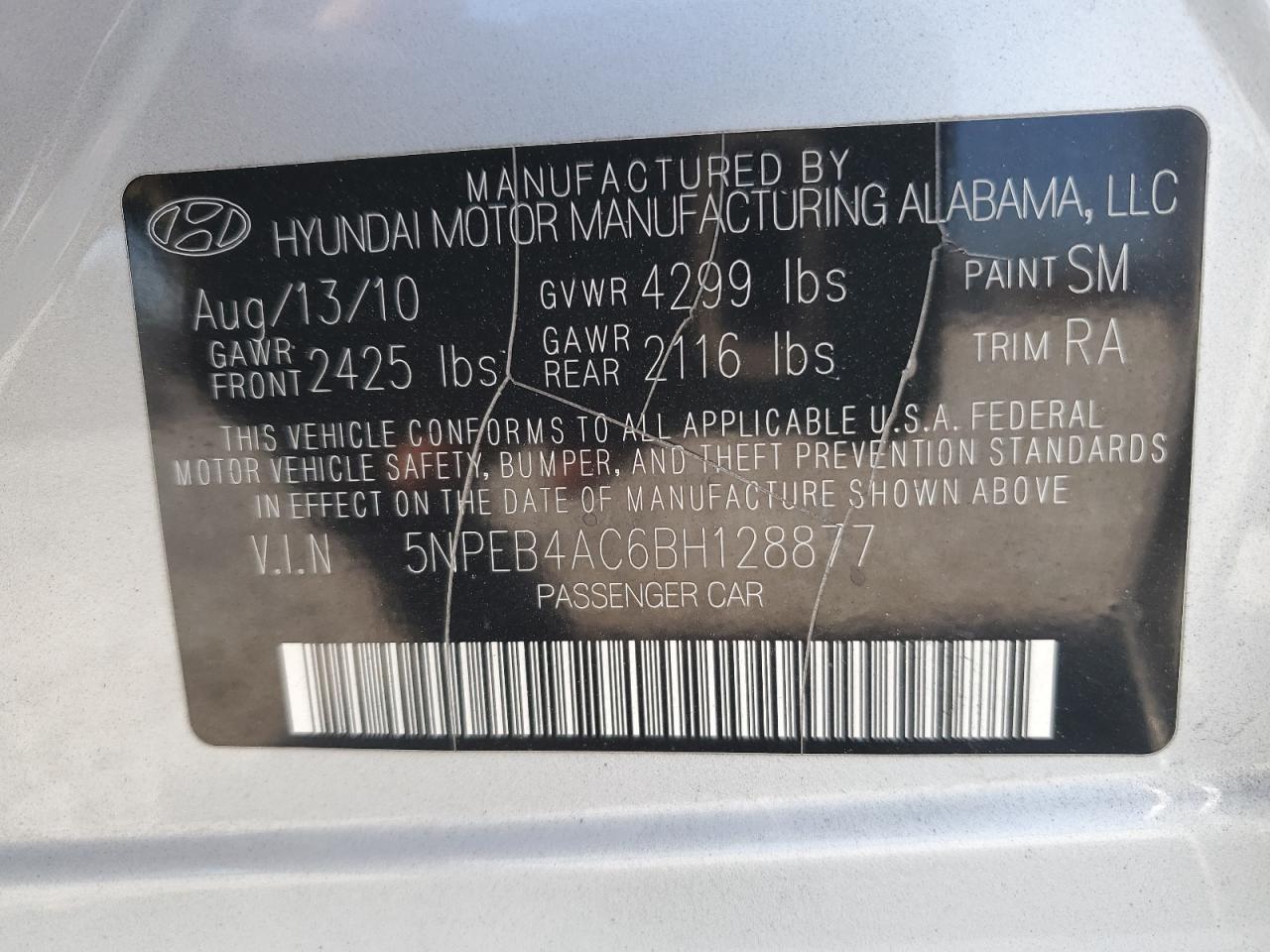 5NPEB4AC6BH128877 2011 Hyundai Sonata Gls