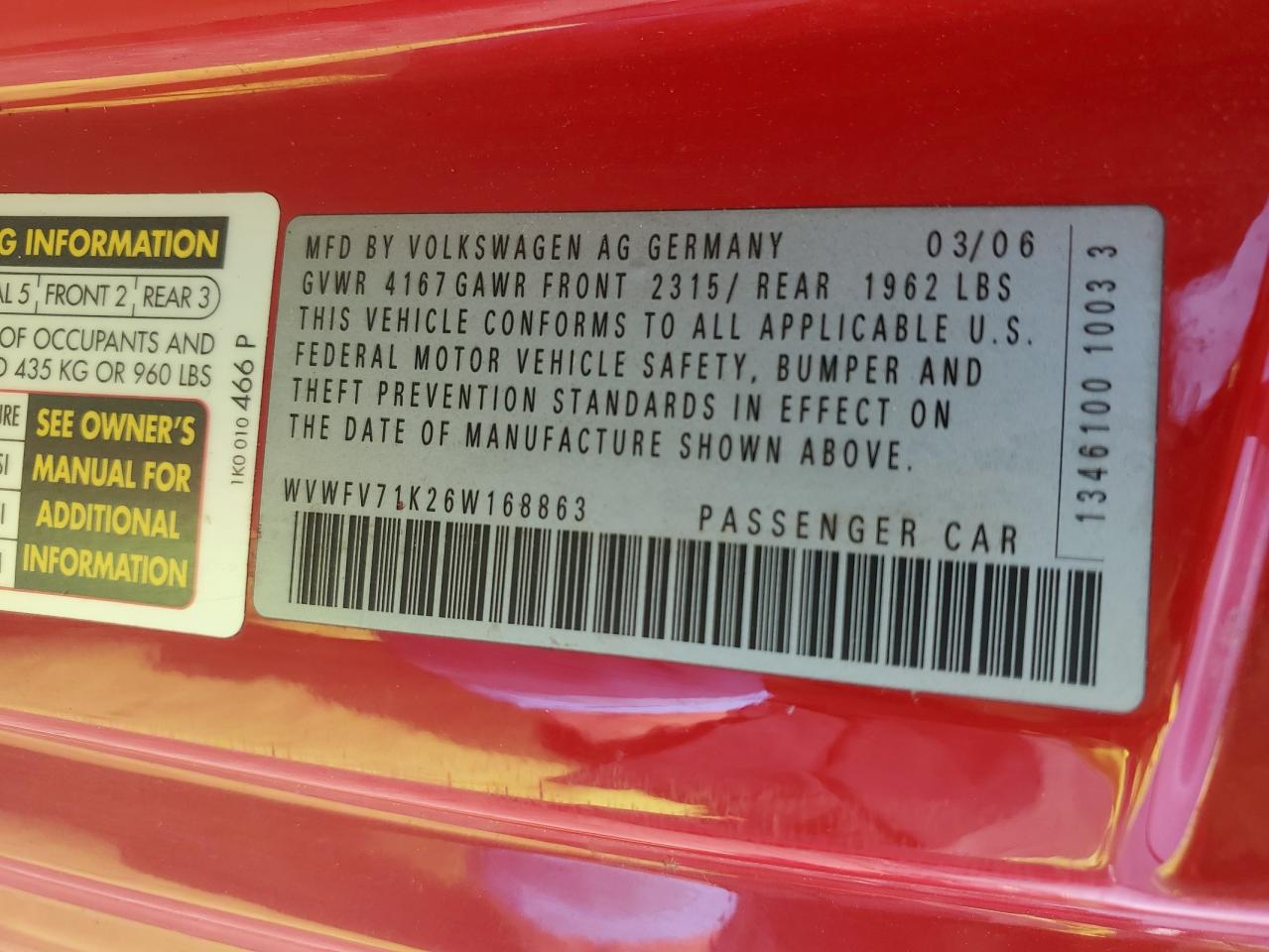 WVWFV71K26W168863 2006 Volkswagen New Gti