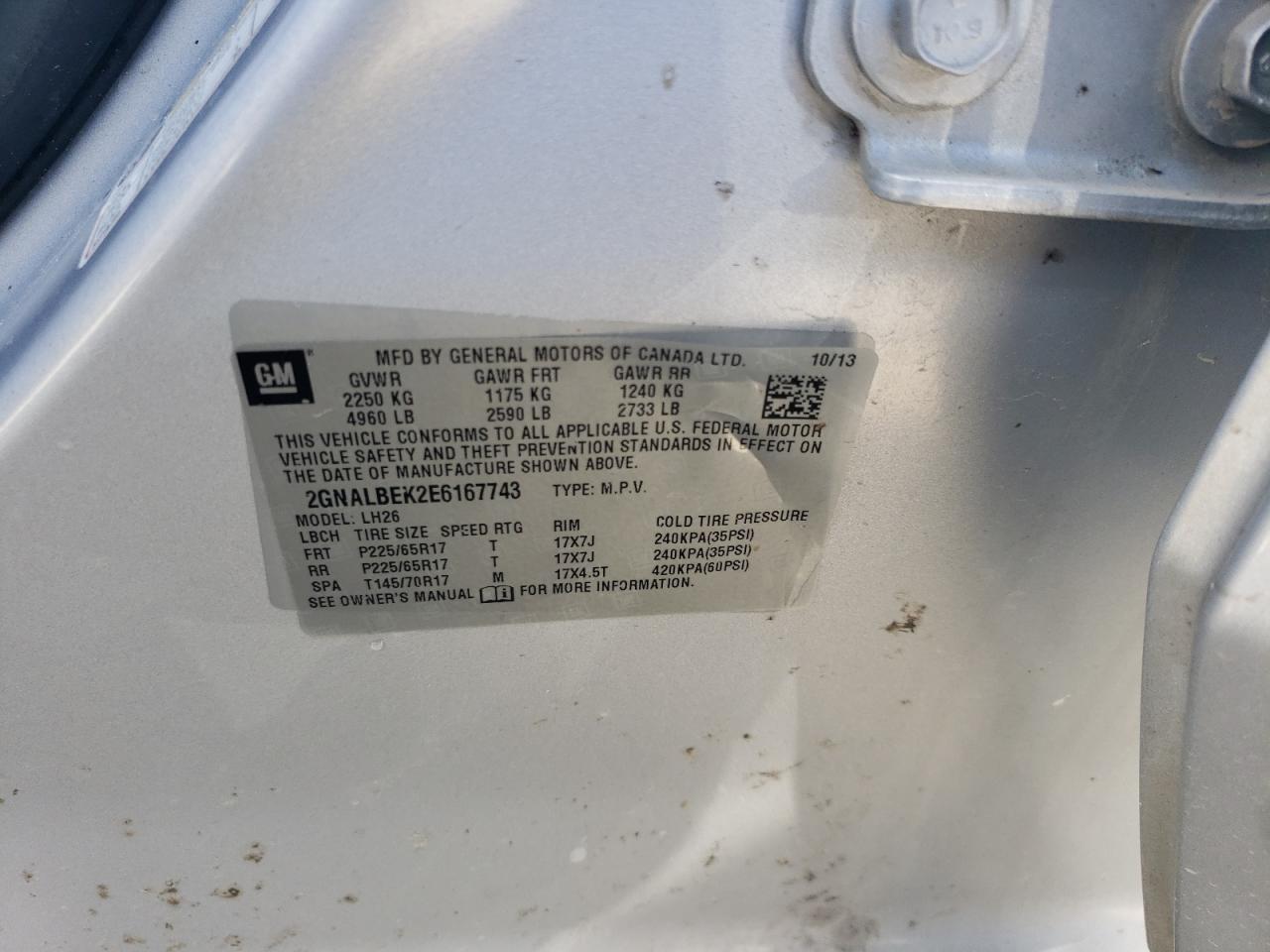 2GNALBEK2E6167743 2014 Chevrolet Equinox Lt