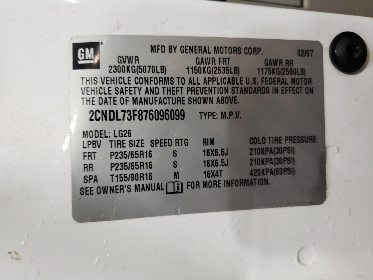 2CNDL73F876096099 2007 Chevrolet Equinox Lt