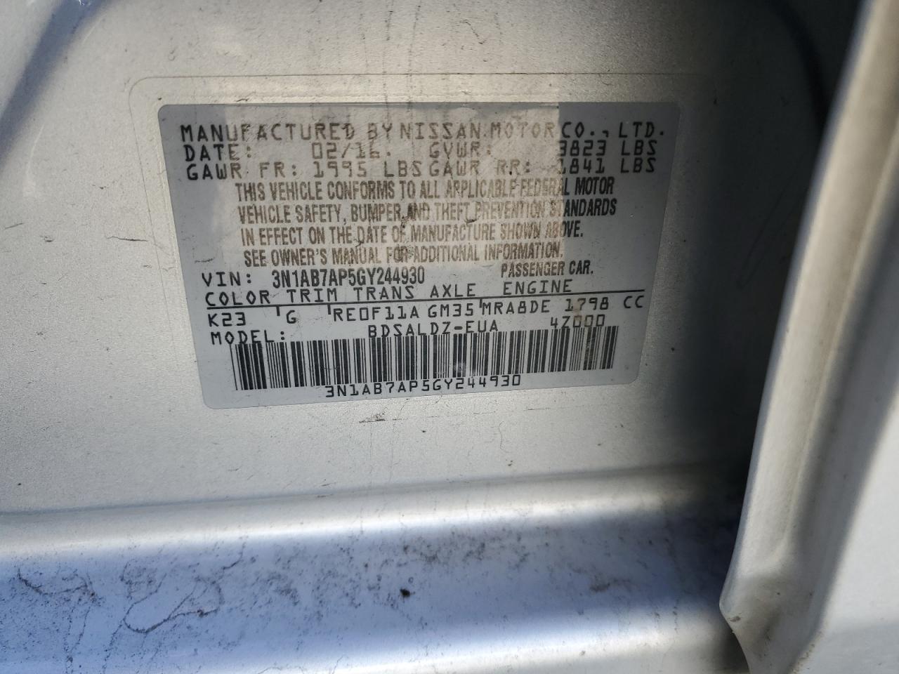 3N1AB7AP5GY244930 2016 Nissan Sentra S