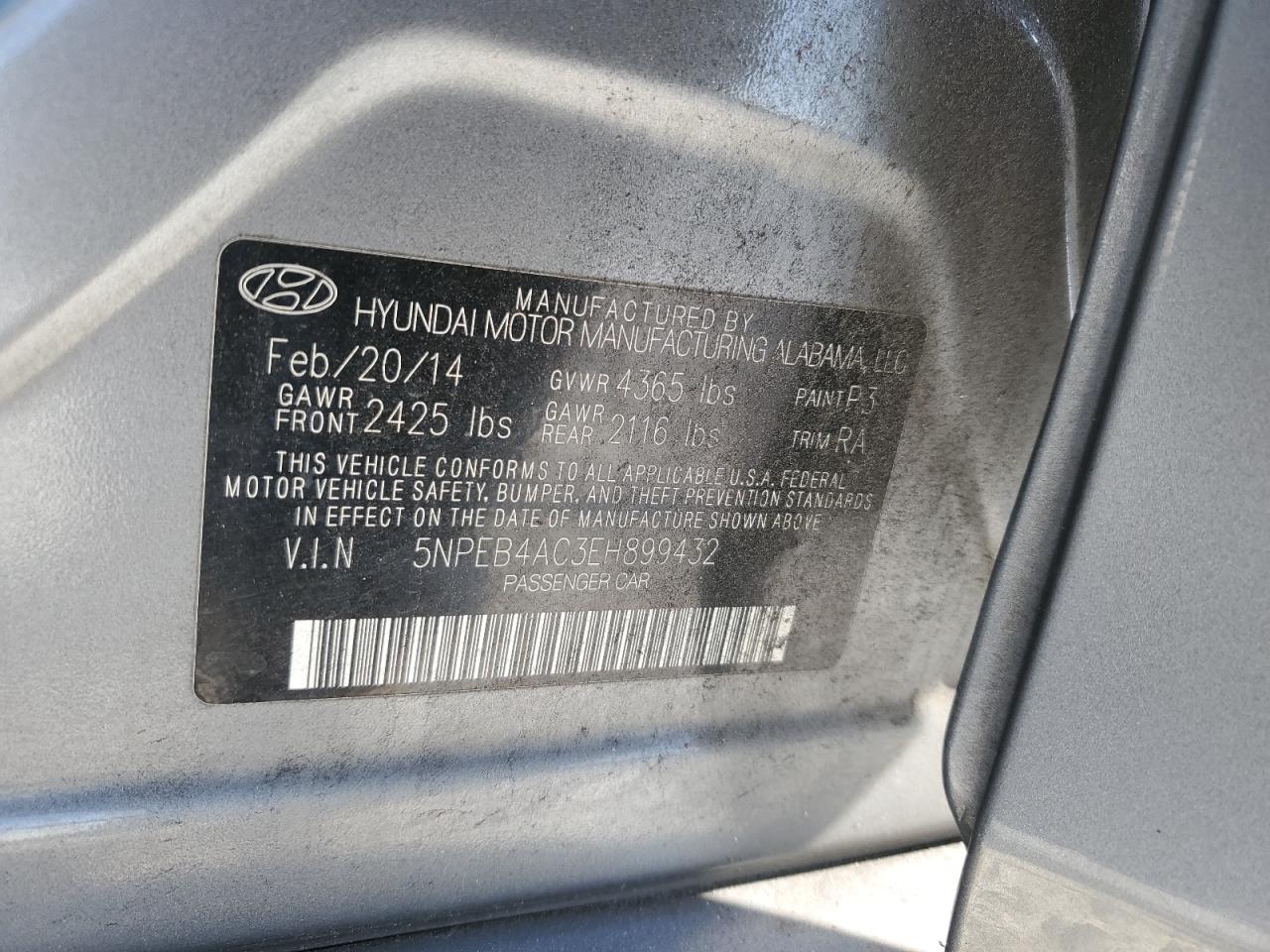 2014 Hyundai Sonata Gls vin: 5NPEB4AC3EH899432