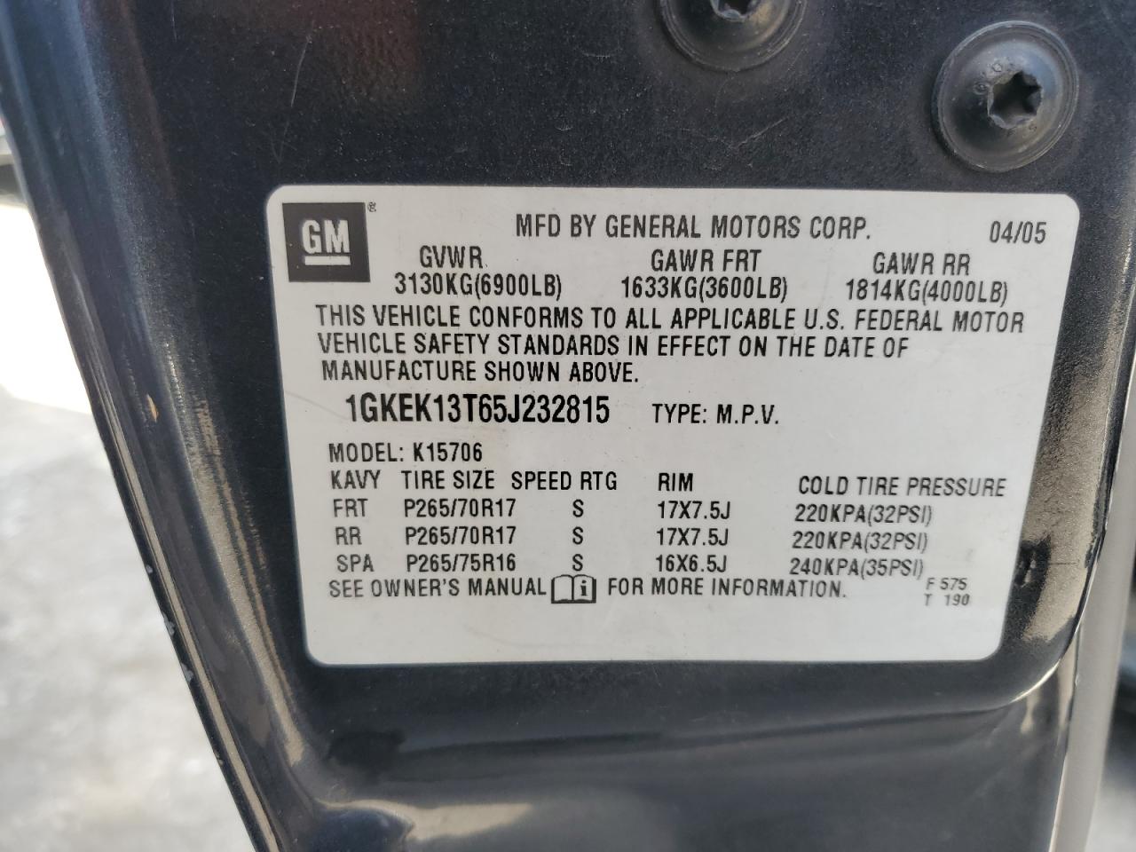 1GKEK13T65J232815 2005 GMC Yukon