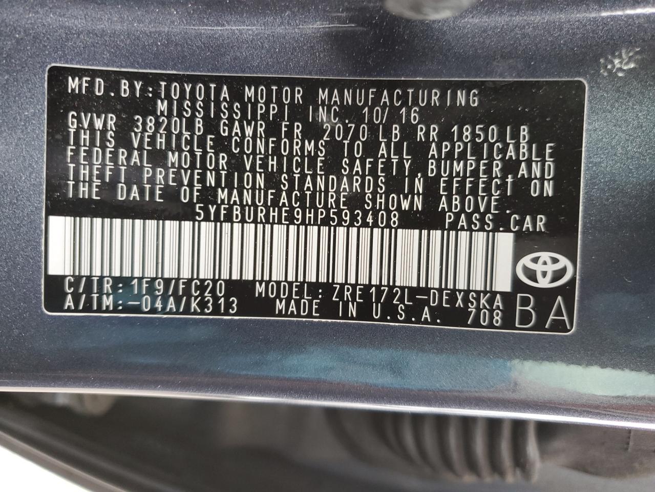 5YFBURHE9HP593408 2017 Toyota Corolla L