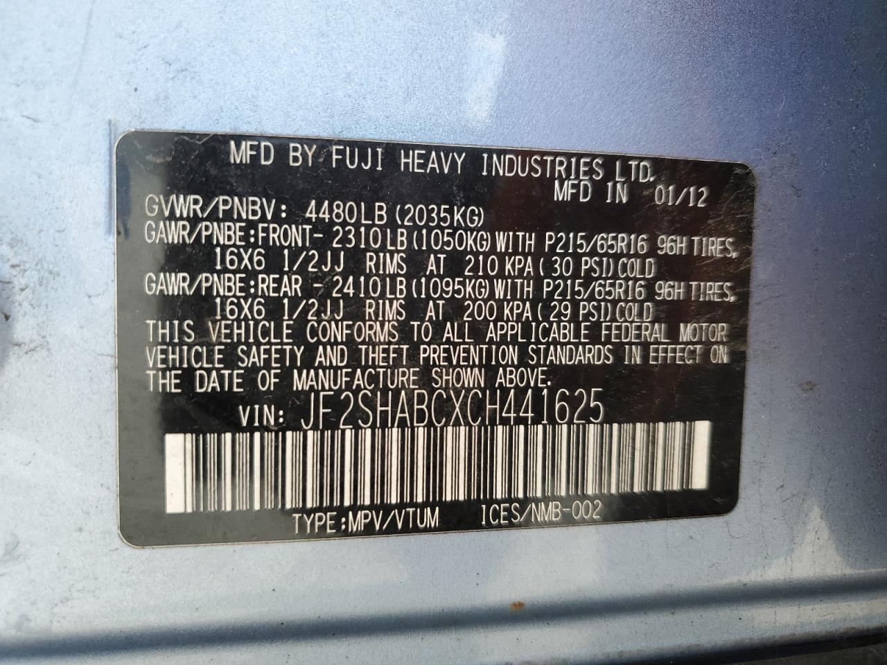 JF2SHABCXCH441625 2012 Subaru Forester 2.5X