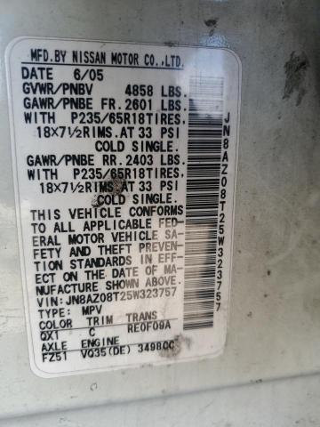 2005 Nissan Murano Sl VIN: JN8AZ08T25W323757 Lot: 48570184