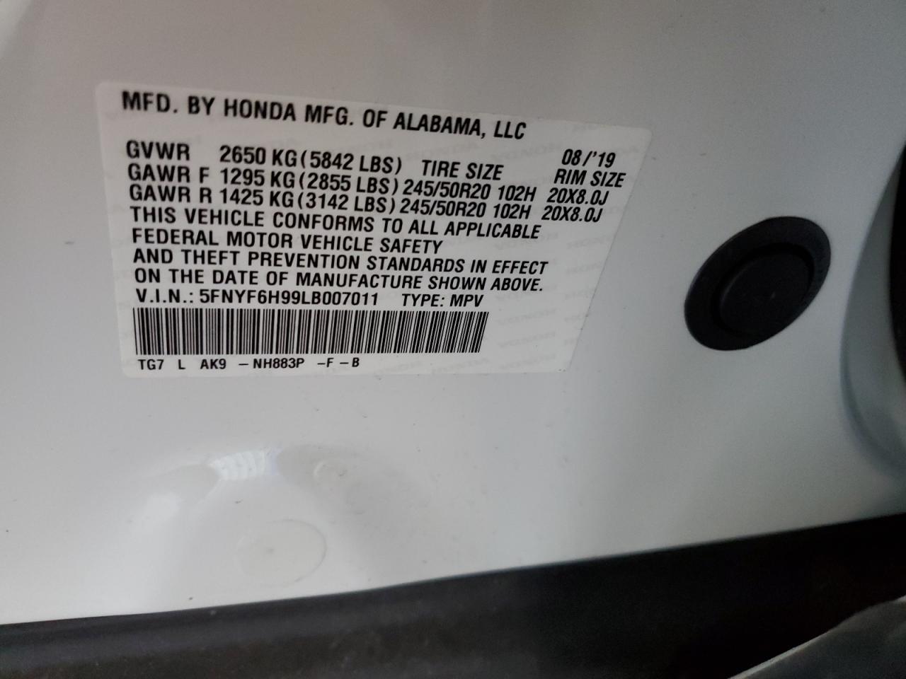 5FNYF6H99LB007011 2020 Honda Pilot Touring