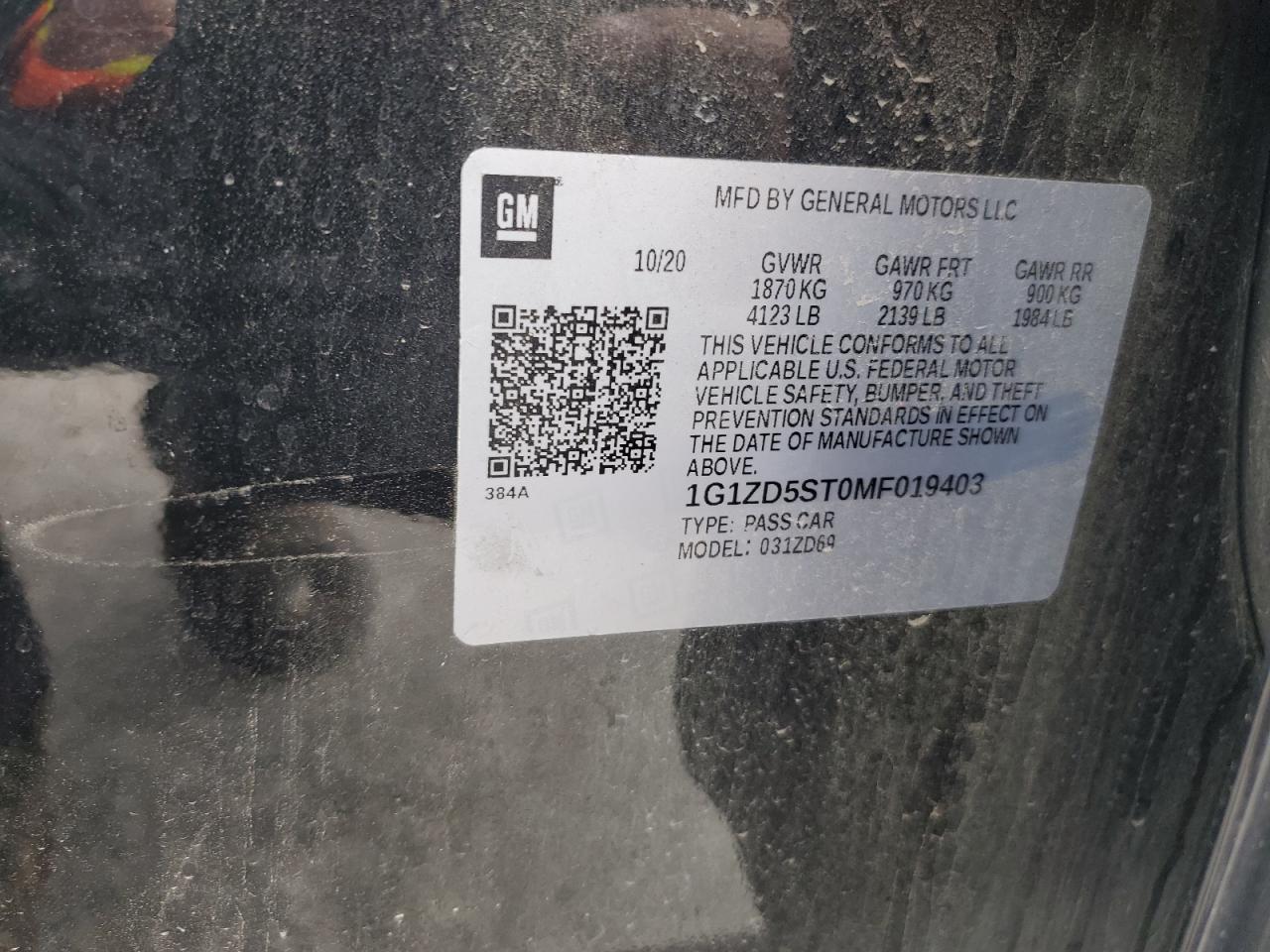 1G1ZD5ST0MF019403 2021 Chevrolet Malibu Lt