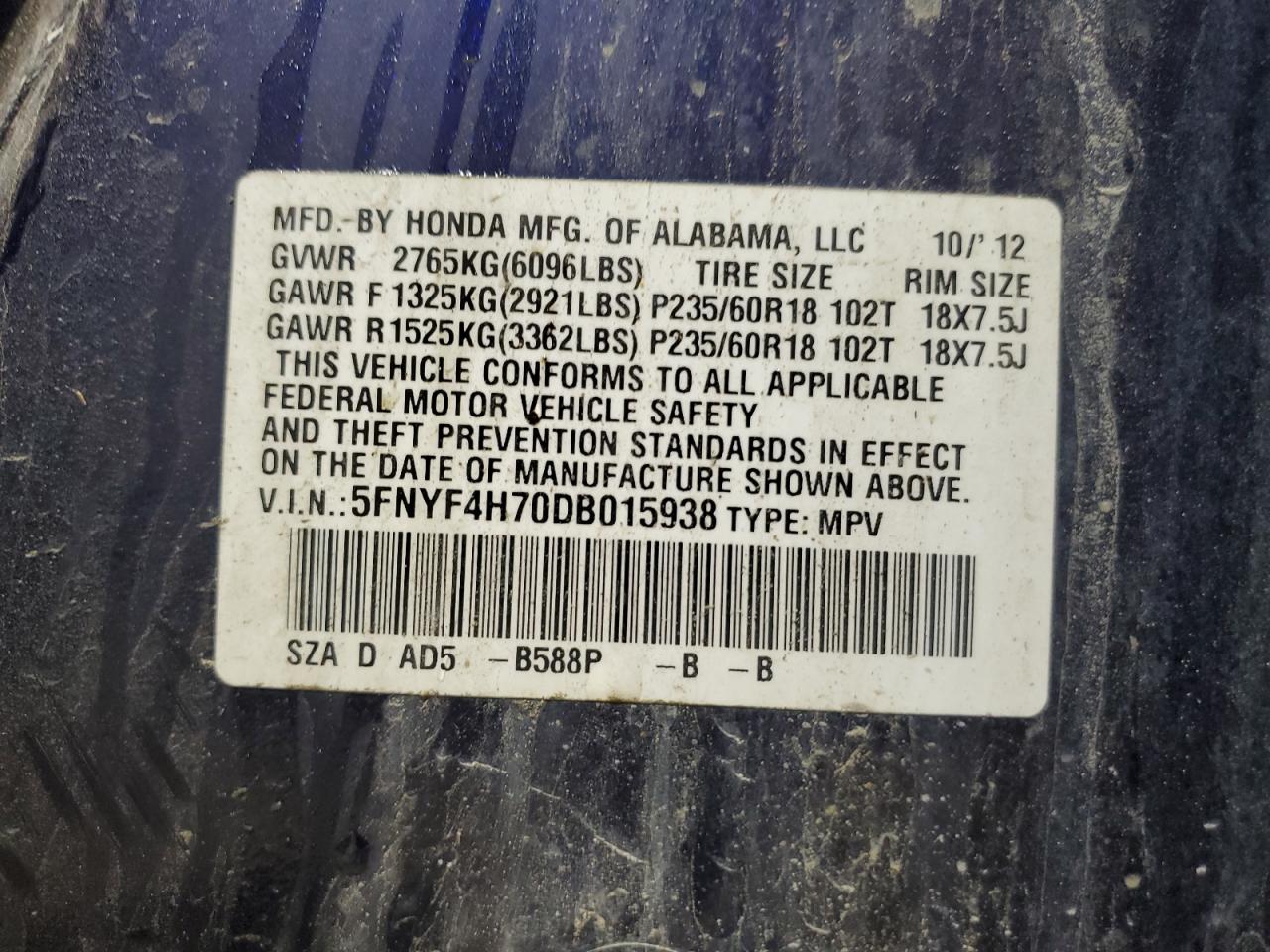 5FNYF4H70DB015938 2013 Honda Pilot Exln
