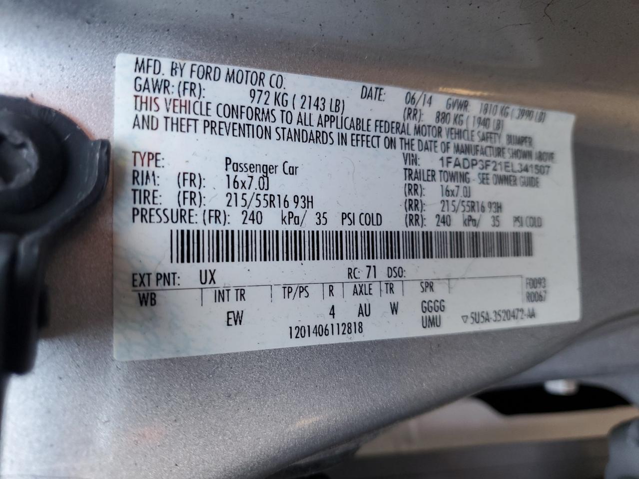 1FADP3F21EL341507 2014 Ford Focus Se