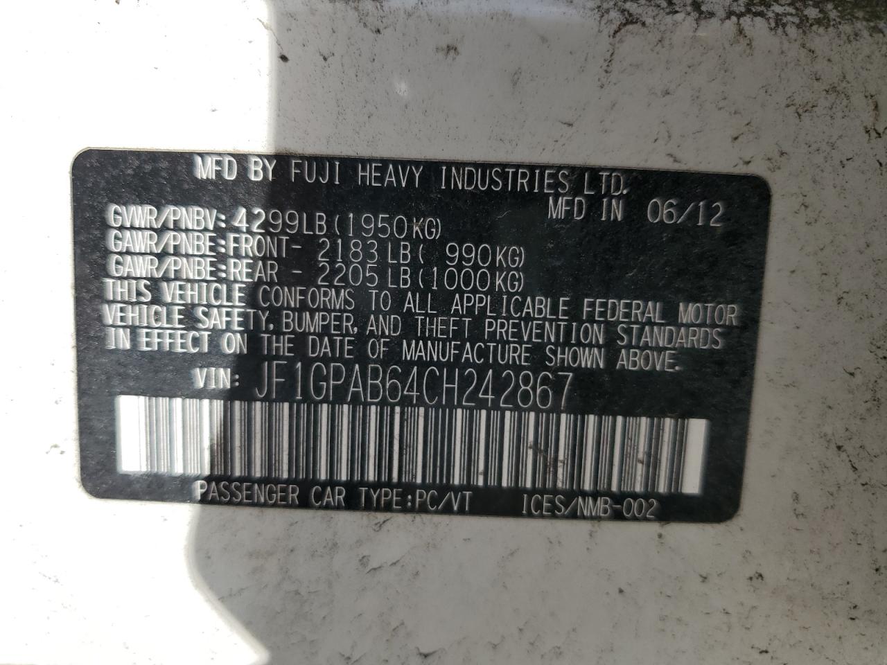 JF1GPAB64CH242867 2012 Subaru Impreza Premium