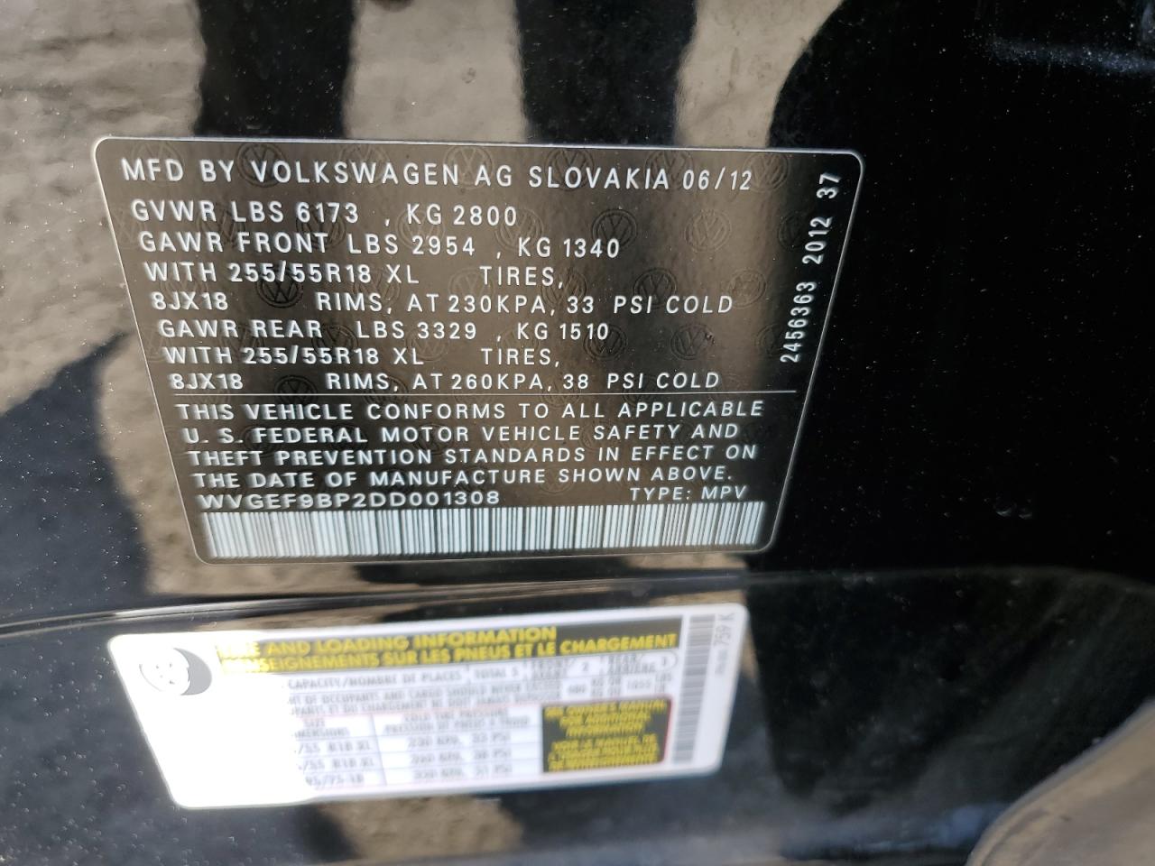 WVGEF9BP2DD001308 2013 Volkswagen Touareg V6