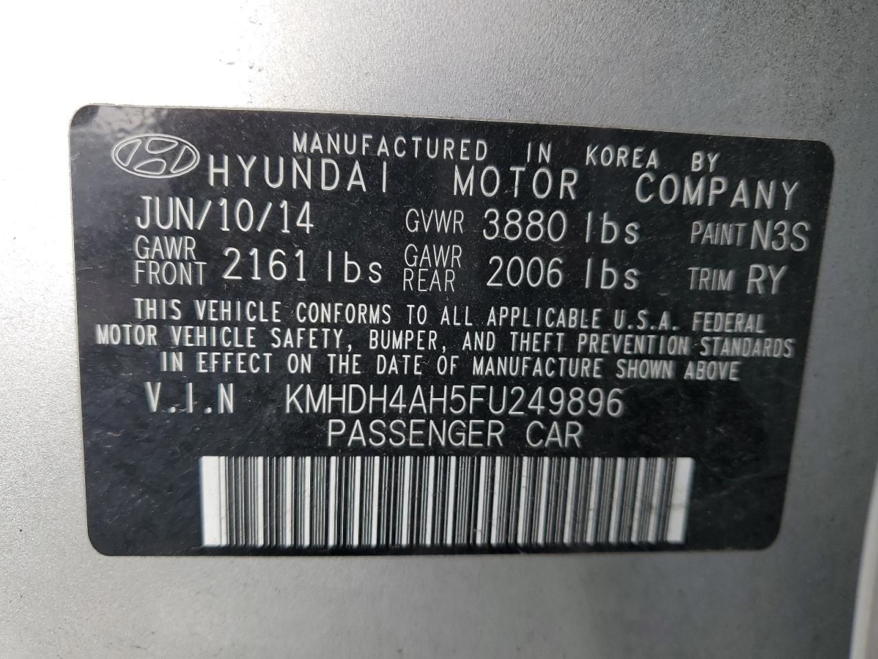 KMHDH4AH5FU249896 2015 Hyundai Elantra Se