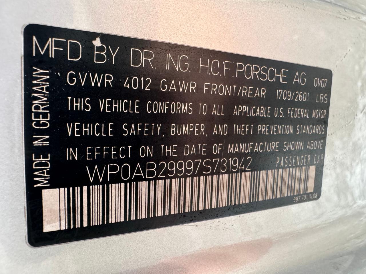 wp0ab29997s731942 WP0AB29997S731942 2007 Porsche 911 Carrera S