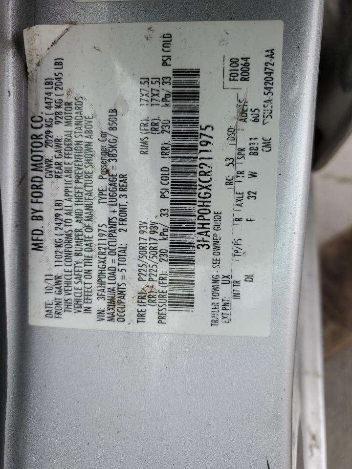 3FAHP0HGXCR211975 2012 Ford Fusion Se