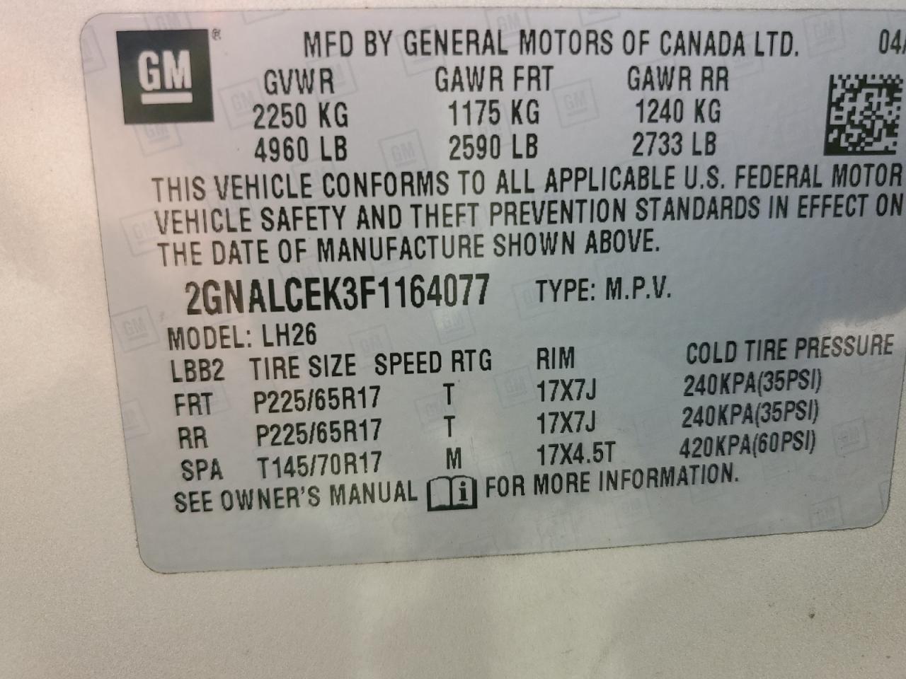 2GNALCEK3F1164077 2015 Chevrolet Equinox Lt