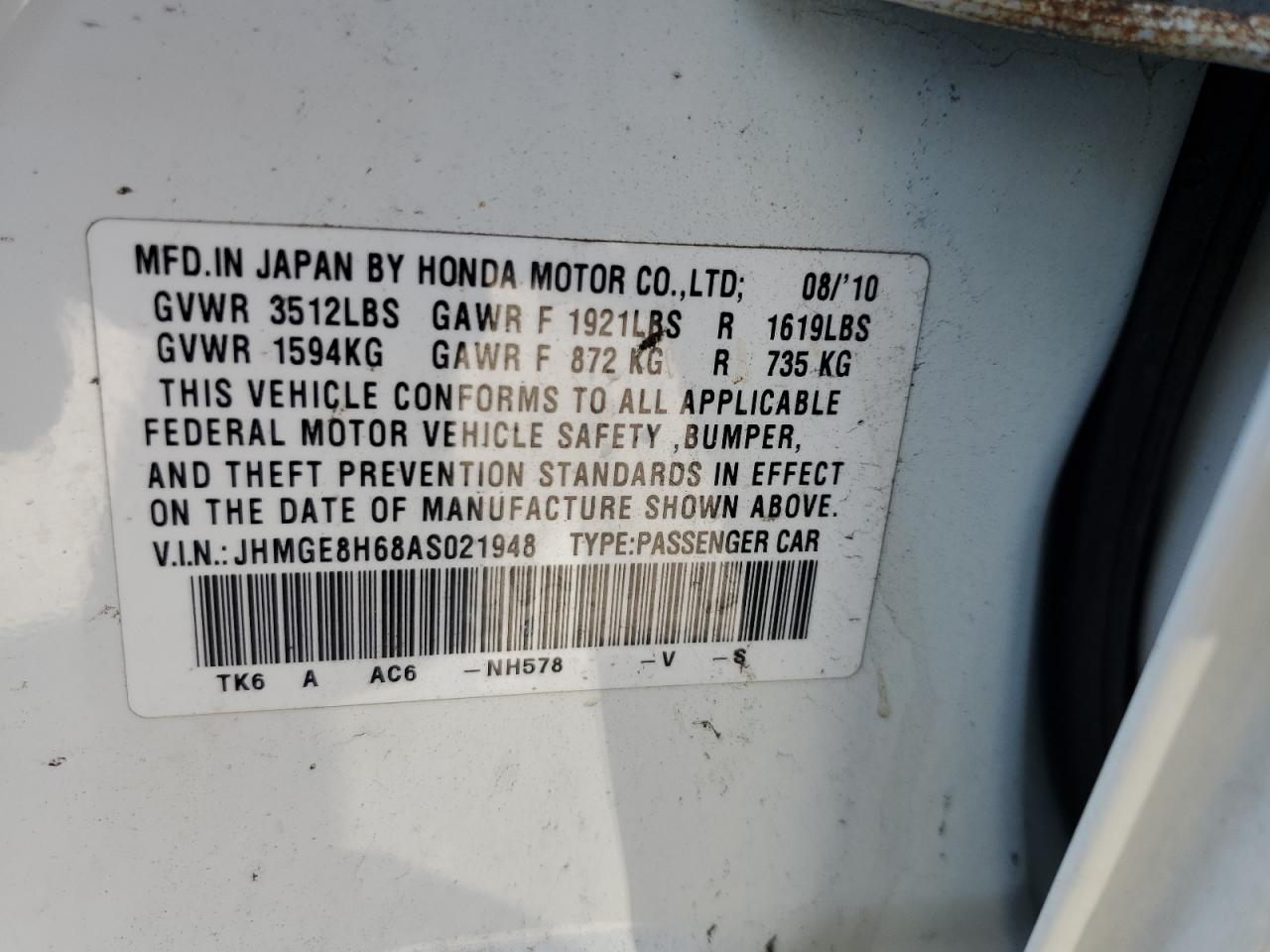 JHMGE8H68AS021948 2010 Honda Fit Sport