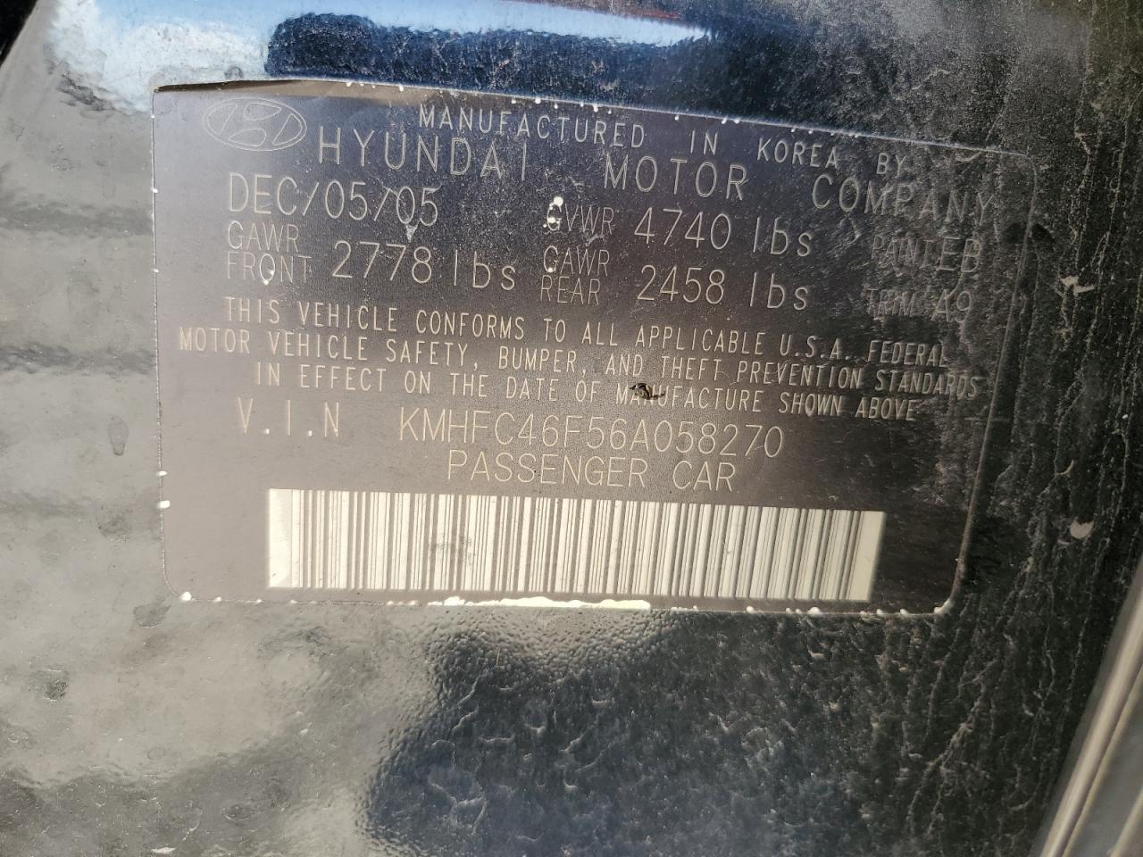 KMHFC46F56A058270 2006 Hyundai Azera Se