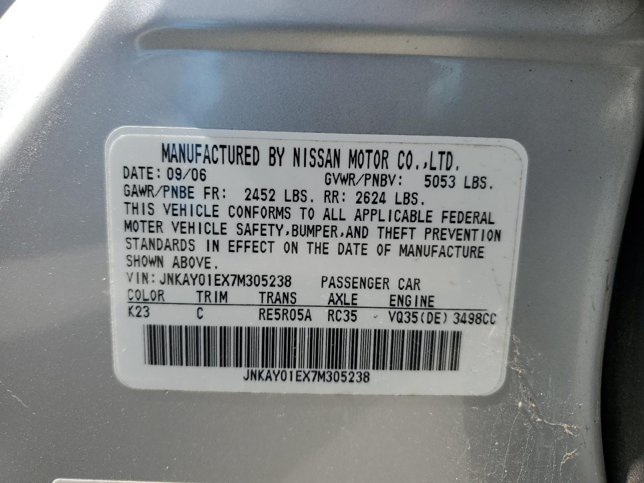 JNKAY01EX7M305238 2007 Infiniti M35 Base