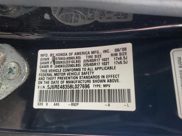 2008 Honda Cr-V Lx VIN: 5J6RE48358L027696 Lot: 46871854