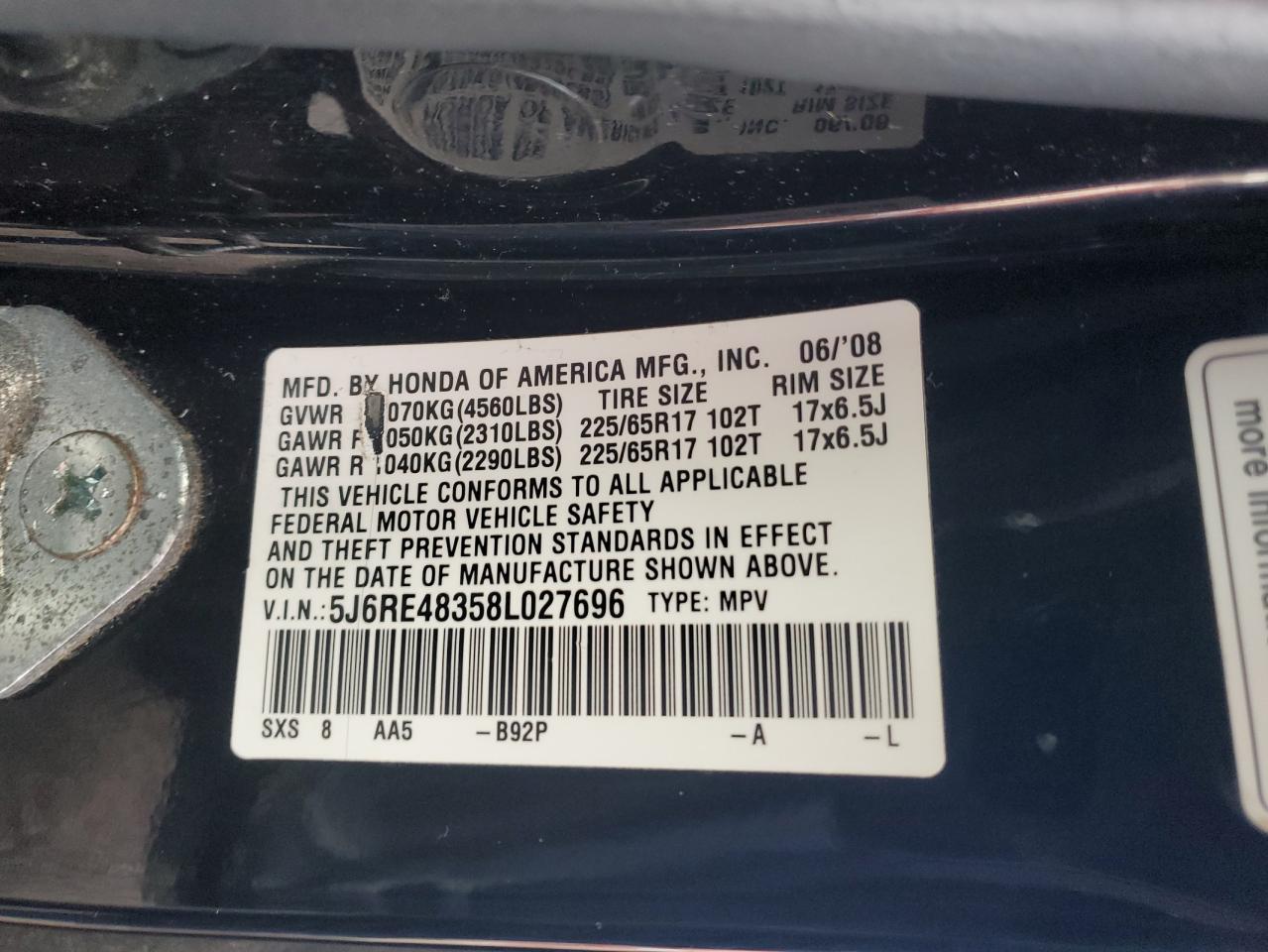 5J6RE48358L027696 2008 Honda Cr-V Lx