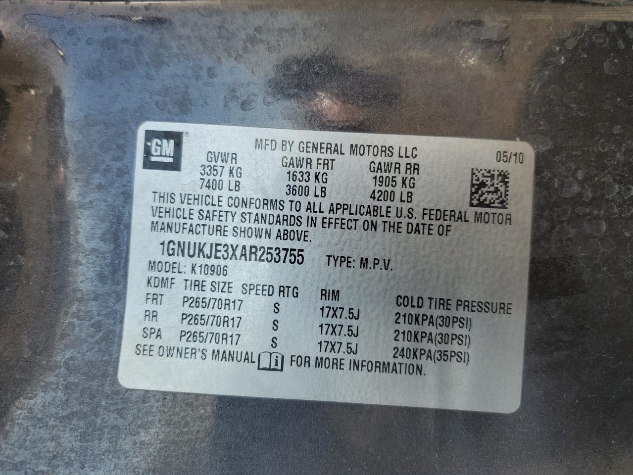 1GNUKJE3XAR253755 2010 Chevrolet Suburban K1500 Lt