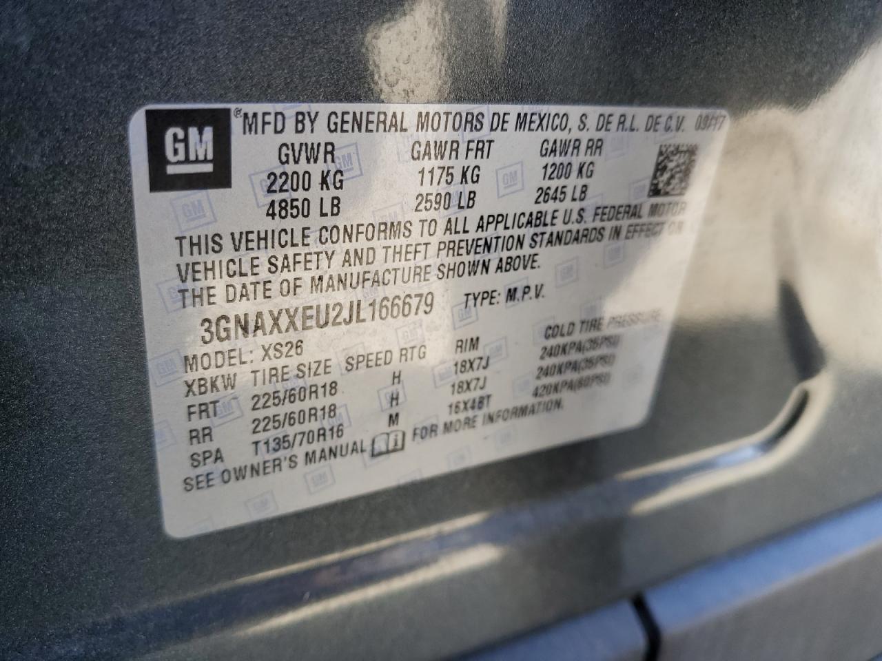 2018 Chevrolet Equinox Pr 1.6L(VIN: 3GNAXXEU2JL166679