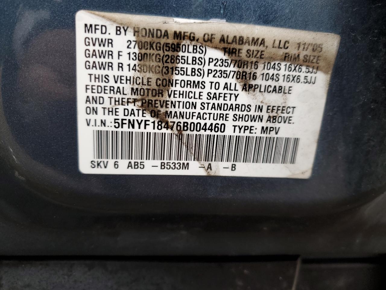 5FNYF18476B004460 2006 Honda Pilot Ex