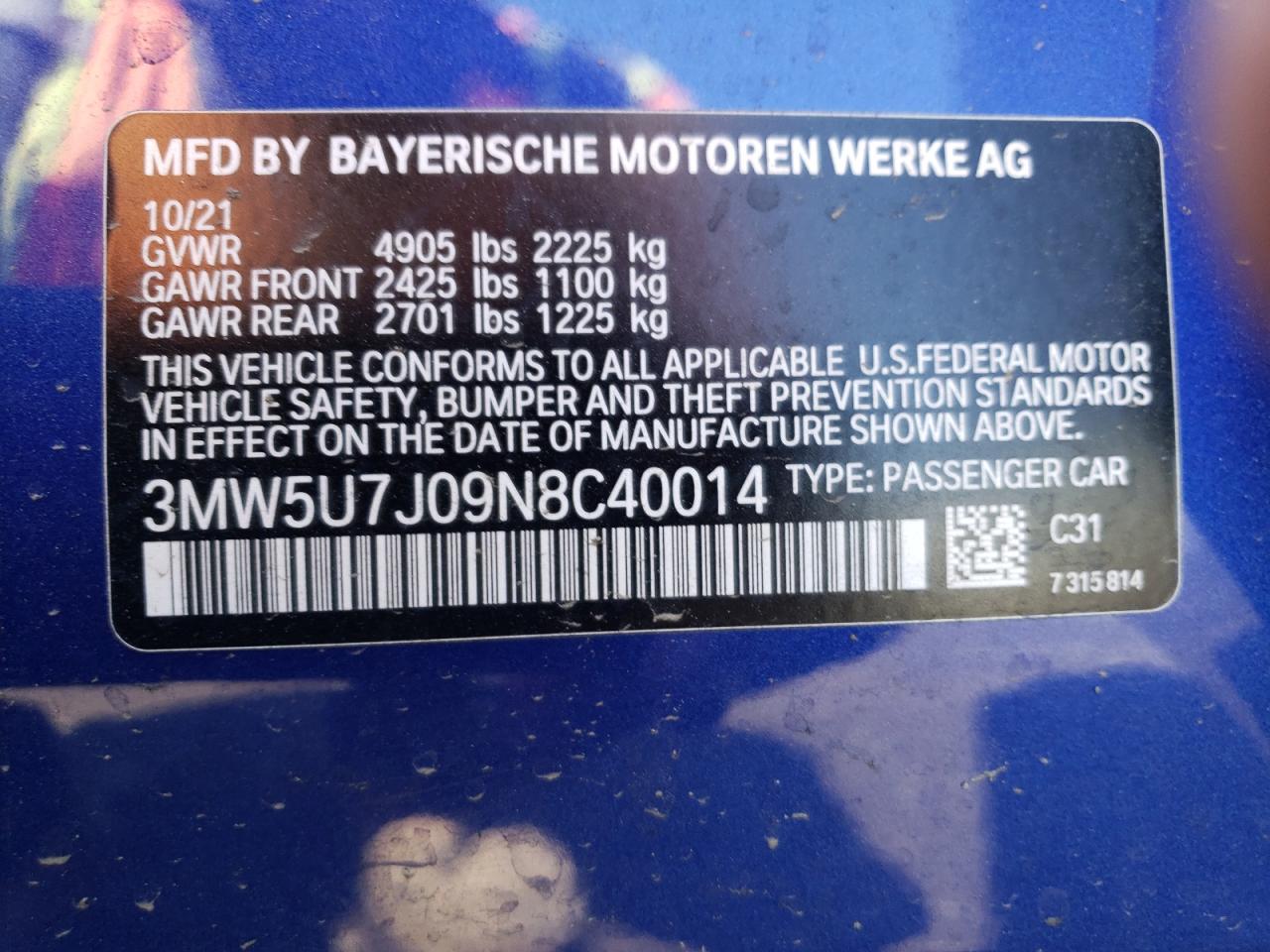 2022 BMW M340I vin: 3MW5U7J09N8C40014