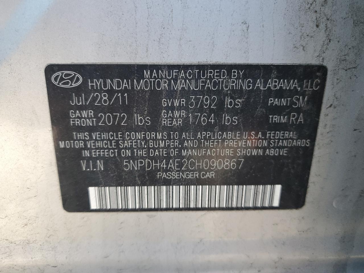 5NPDH4AE2CH090867 2012 Hyundai Elantra Gls