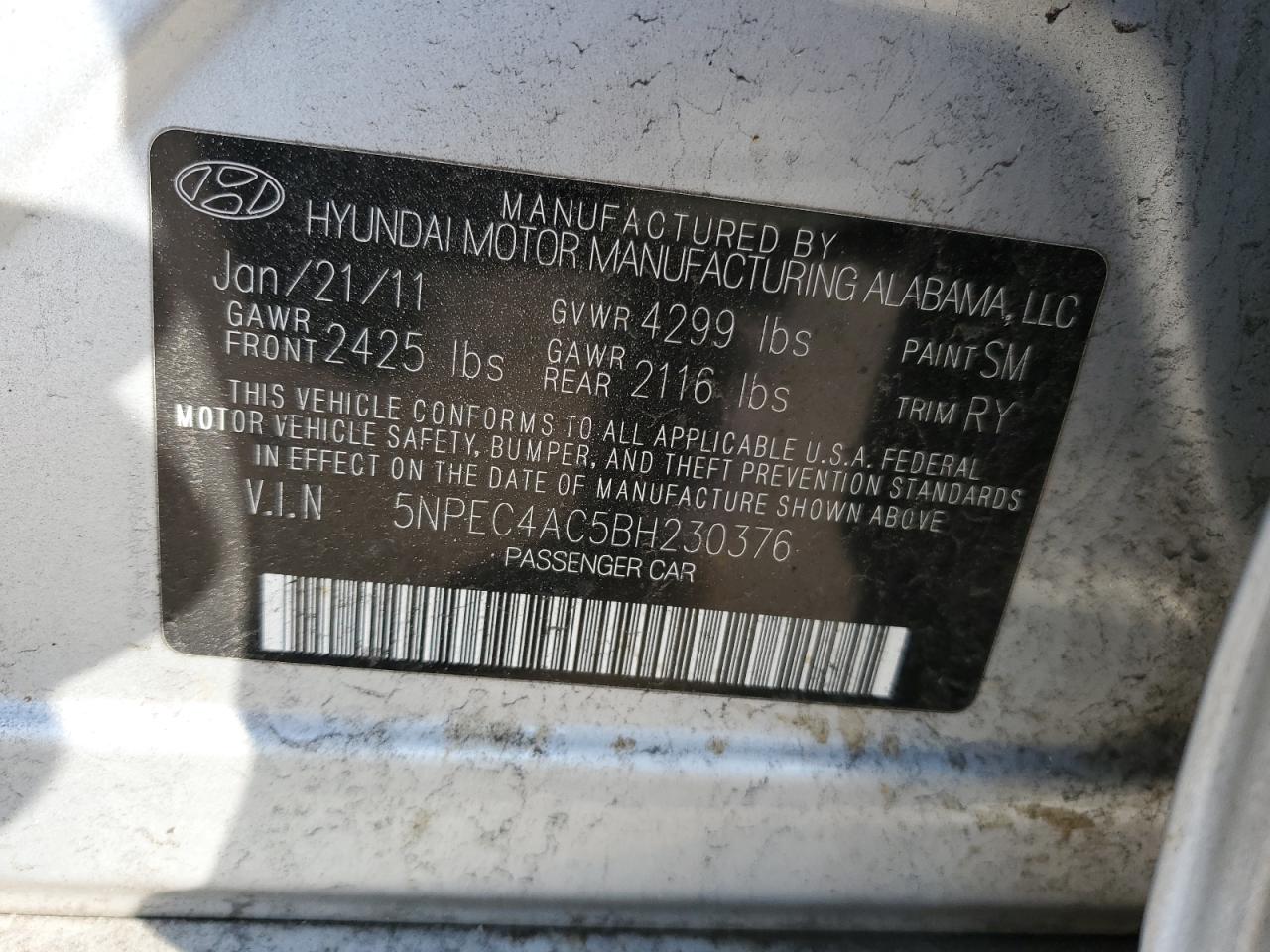 5NPEC4AC5BH230376 2011 Hyundai Sonata Se