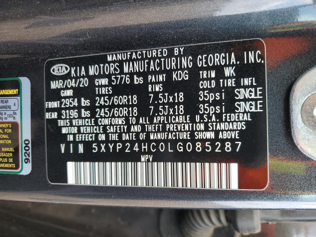 5XYP24HC0LG085287 2020 Kia Telluride Lx