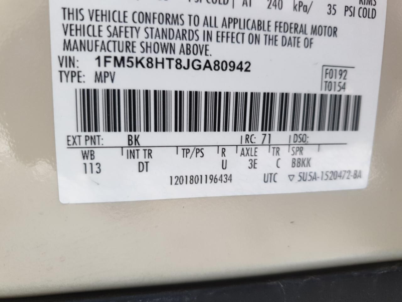 VIN: 1FM5K8HT8JGA80942 2018 FORD EXPLORER