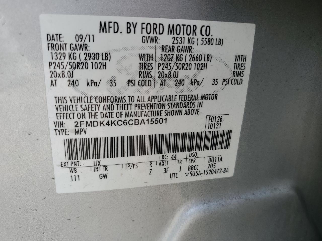 2FMDK4KC6CBA15501 2012 Ford Edge Limited