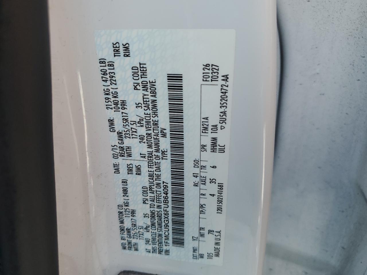 1FMCU9GX6FUB64097 2015 Ford Escape Se