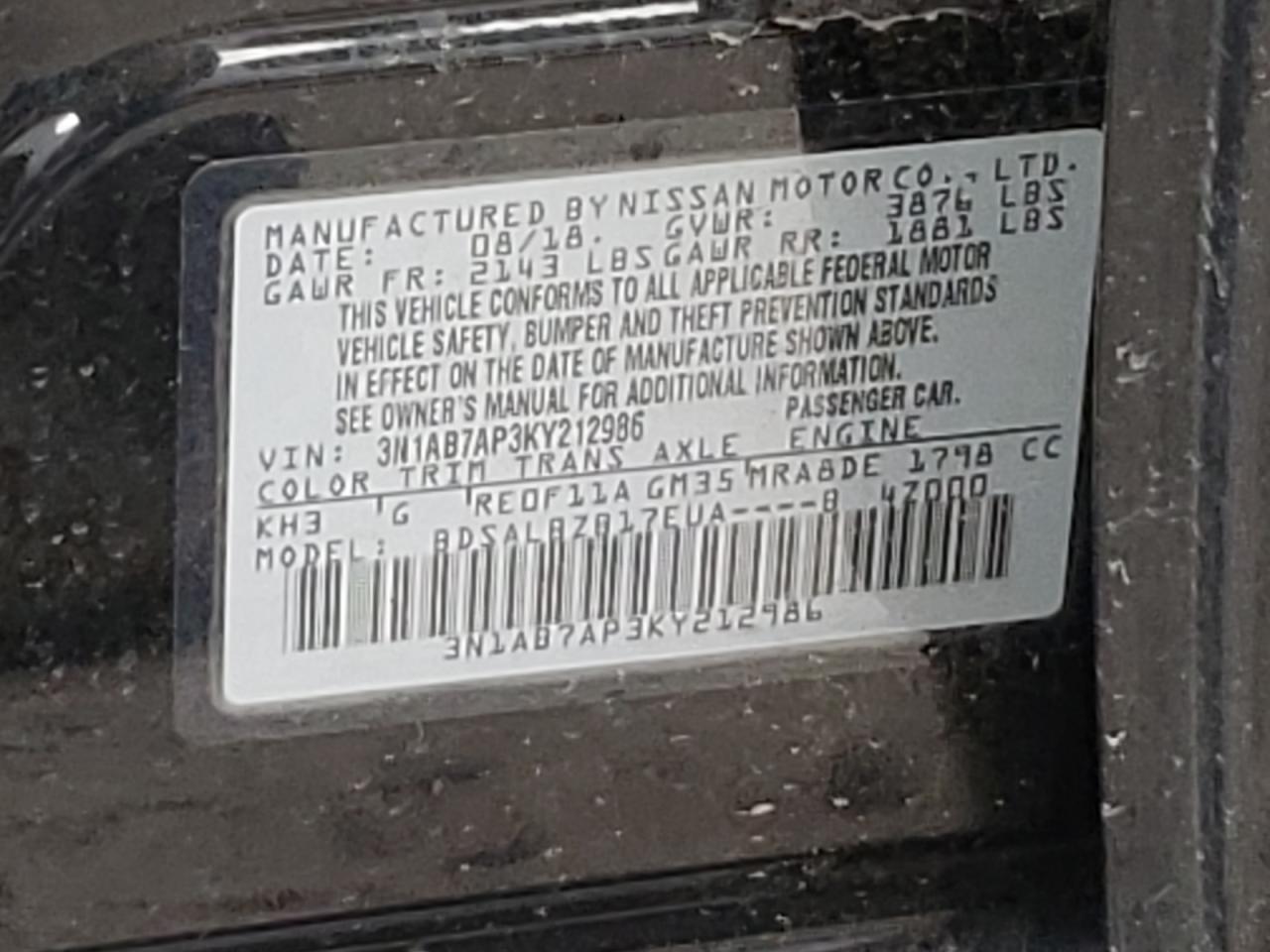 3N1AB7AP3KY212986 2019 Nissan Sentra S