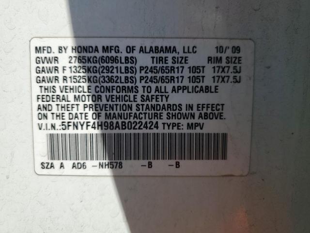 2010 Honda Pilot Touring VIN: 5FNYF4H98AB022424 Lot: 46464694