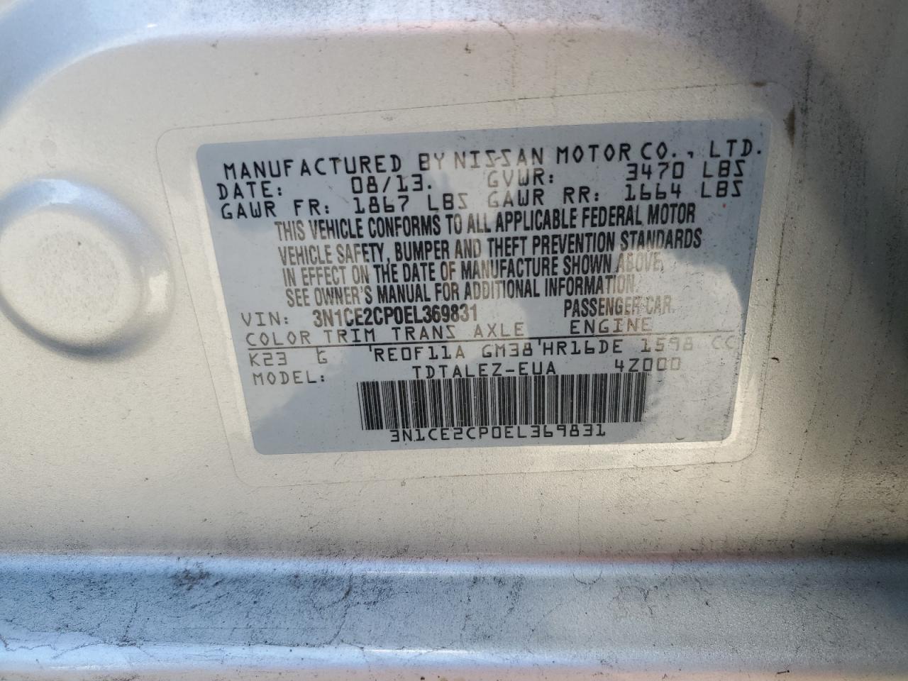 3N1CE2CP0EL369831 2014 Nissan Versa Note S