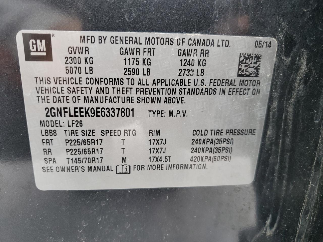 2GNFLEEK9E6337801 2014 Chevrolet Equinox Ls