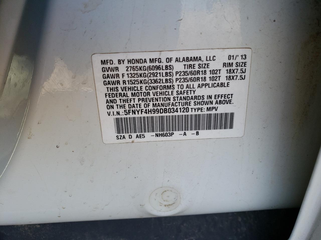 5FNYF4H99DB034120 2013 Honda Pilot Touring