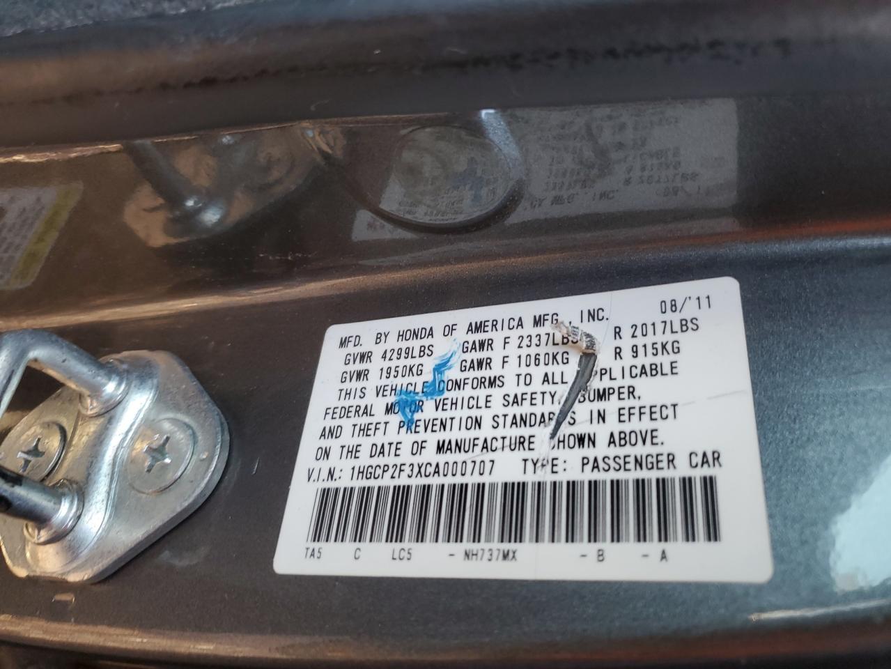 1HGCP2F3XCA000707 2012 Honda Accord Lx