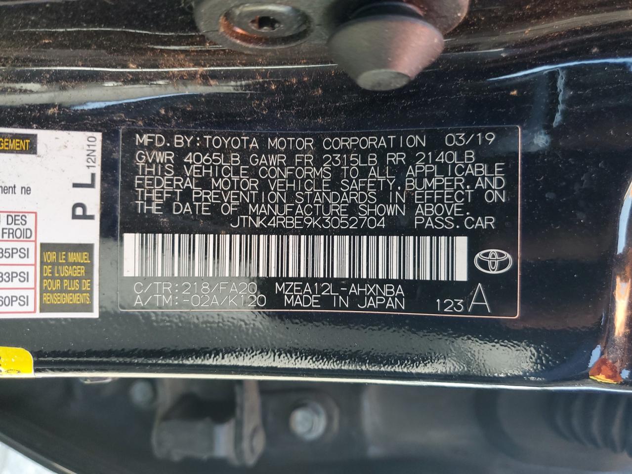 JTNK4RBE9K3052704 2019 Toyota Corolla Se