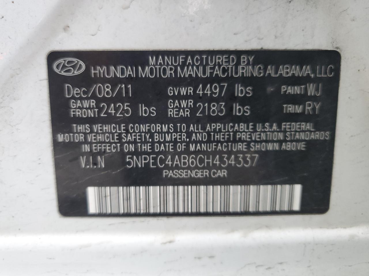 5NPEC4AB6CH434337 2012 Hyundai Sonata Se